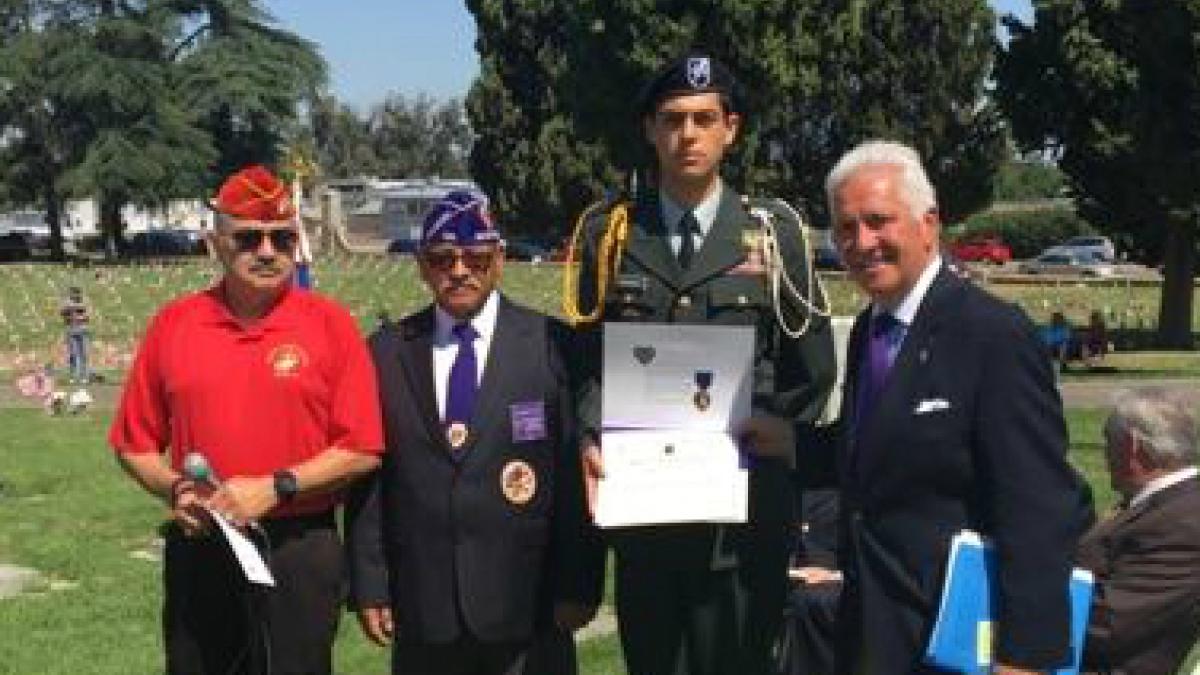 Congressman Costa with Dan Payne of Marine Corps League Detachment 14, Commander of the Military Order of the Purple Heart George Ruiz, and Junior ROTC Cadet Abrahman Hernandez at the 2017 Veterans Liberty Cemetery Memorial Day ceremony in Fresno